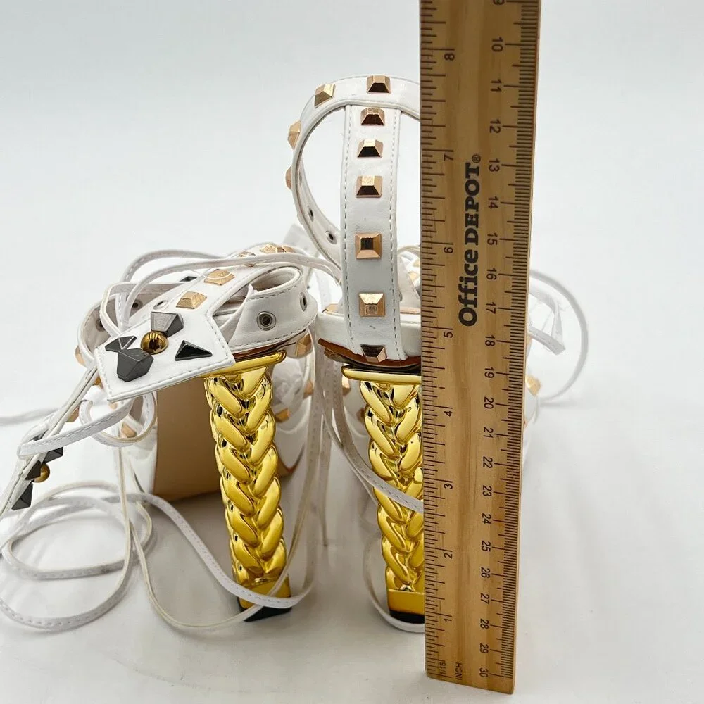 FSJ Ivory Gold Metal Chain Thick High Heel Open Toe Strappy Ankle Buckle Sandals - Picture 5 of 8